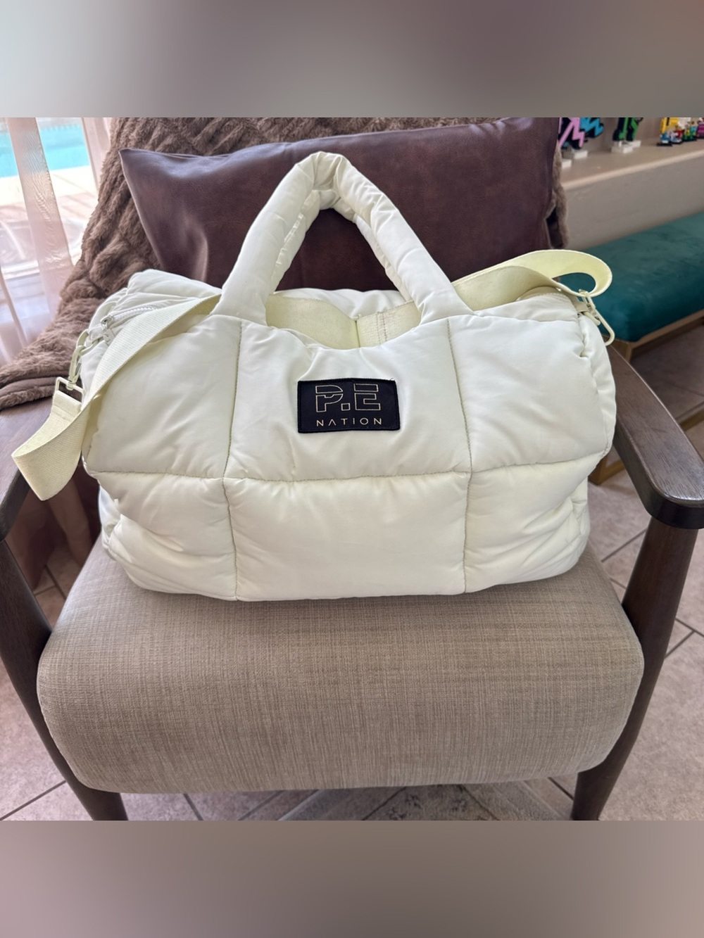 P.E Nation  Pale Yellow Quilted Duffel Bag w crossbody strap